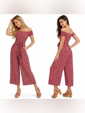 Lulus Behold Red Floral Print Off-the-Shoulder Jumpsuit Smocked Size Small